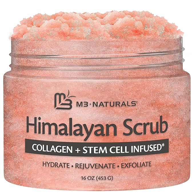 Himalayan Salt Scrub, Face, Foot, and Body Exfoliator with Collagen and Stem Cells, Exfoliating Scrub for Toning, Cellulite, and Skin Care by M3 Naturals 16 fl oz