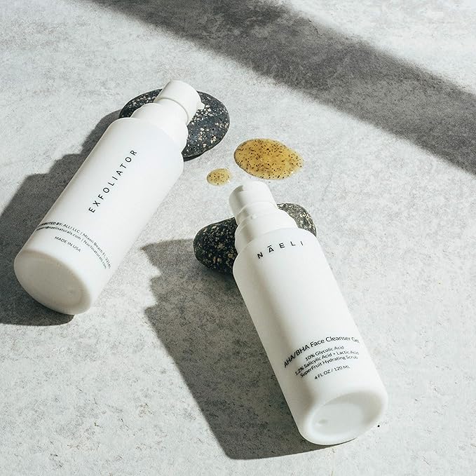 NAELI Gentle Facial Cleanser & AHA/BHA Exfoliator Face Wash, Anti Aging Set to Brighten, Minimize Pores & Reduce Wrinkles - Holiday Skincare Gift for Women & Men, Natural, Vegan & Cruelty Free, 4oz