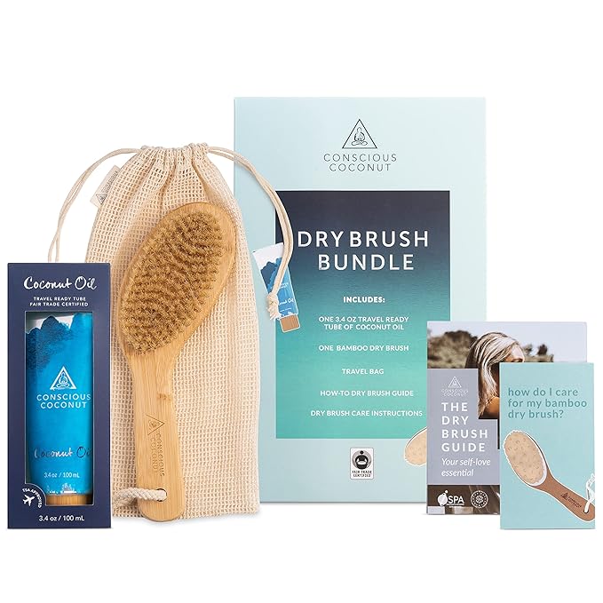 Travel Dry Brush Gift Set Bundle, Certified Organic Coconut Oil Travel Tube, Sustainable Bamboo Body Scrub Brush, Bundle for Skin Care, Great Gift, Exfoliation - Conscious Coconut