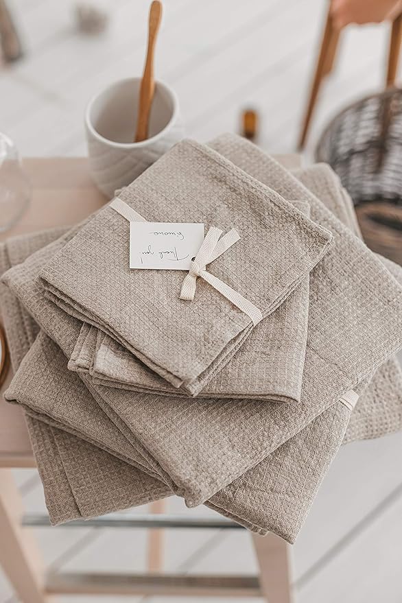 4-Piece 100% Linen Towels Set - 2 Bath Towels Set, 2 Hand Towel Sets - Natural Fiber Waffle Towels for Bathroom Thin Pre-Washed Lightweight Quick-Dry Absorbent