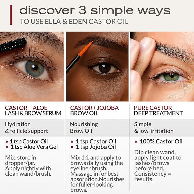 Ella & Eden Organic Castor Oil for Eyelashes - 4 Fl Oz Glass Bottle Lash Serum - for Eyebrows, for Hair Growth - Cold-Pressed Hexane-Free USDA Certified 100% Pure Unrefined