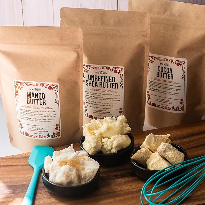 Better Shea Butter Set of Raw Shea Butter, Raw Mango Butter, Unrefined Cocoa Butter For Soap Making and DIY Body Butters, Lip Balms, Body Lotions - Each Butter is 16 oz Making 48 oz Total (3-Pack Set)