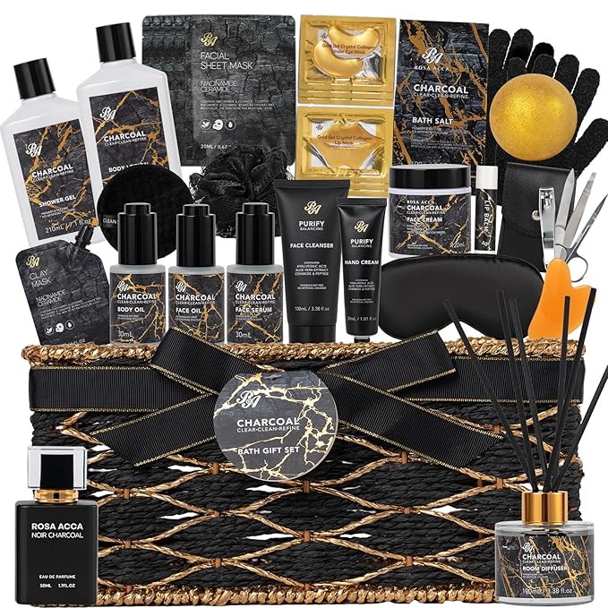 35 Pcs Christmas Gifts for Women & Men, Charcoal Bath & Body Gift Basket, Face Skin Care Kit, Self-Care Gift, Diffuser, Shower Gel, Massage Oil, Bath Bomb, Birthday, Valentines, Mother Day, Husband