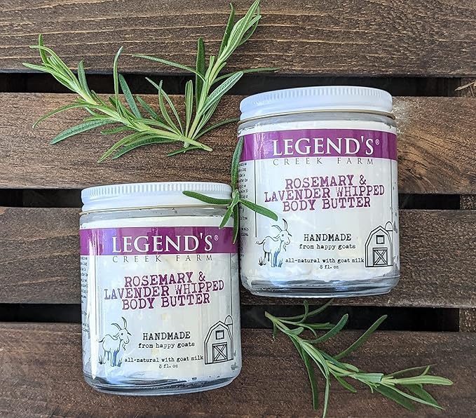 Legend's Creek Farm, Goat Milk Body Butter - Hydrating Natural Body Moisturizer with Organic Shea Butter & Grape Seed Oil - 8 Oz Purifying & Toning Whipped Body Butter (Rosemary & Lavender)