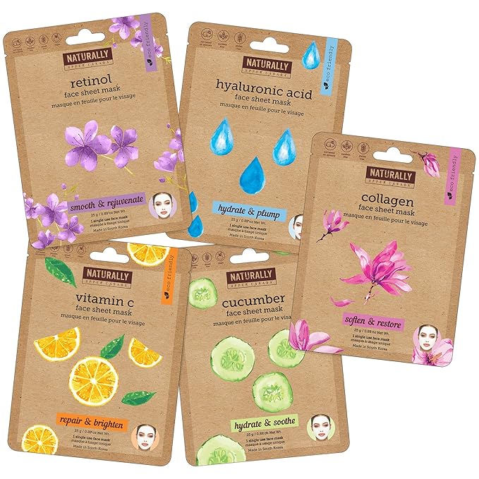 Naturally - Variety pack (Vitamin C, Hyaluronic Acid, Retinol, Cucumber, Collagen) - Perfect for at Home Spa Days, K-beauty inspired, Ingredients led, 5 Sheet Masks Included