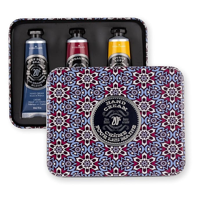 La Chatelaine Hand Cream Gift Set for Men, Ready-To-Gift Travel Size Hand Lotion, Natural Hand Cream Made in France with 20% Organic Shea Butter (Deep Blue Sea, Sandalwood, Citrus Zest) 3 x 1 fl oz