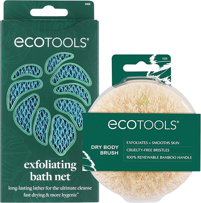 EcoTools Dry Body Brush for Circulation, Dead Skin Removal + Exfoliating Body Scrubber Bath Net, Inspired by The African Net Sponge, Self-Care Gifts