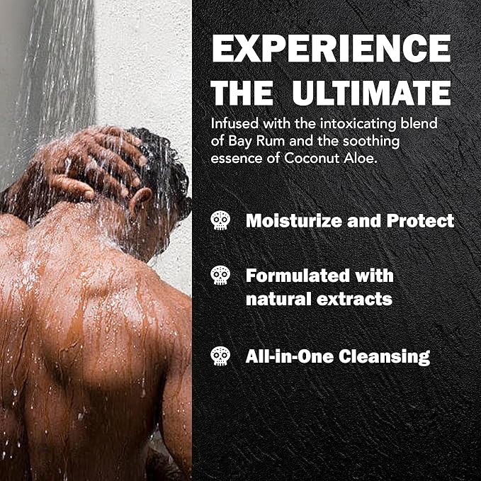 Natural Wunderz Mens Body Wash, Exfoliating Bay Rum & Coconut Aloe Scent, 32 Fl Oz All-In-One Liquid Soap and Shower Gel, Sulfate Free and Vegan Friendly Body Scrub