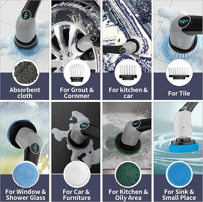 YKYI Electric Spin Scrubber,Cordless Electric Cleaning Brush,Power Scrubber with 8 Replaceable Brush Heads,3 Adjustable Speeds,Voice Broadcast,Shower Scrubber with Long Handle for Bathtub Tile Floor