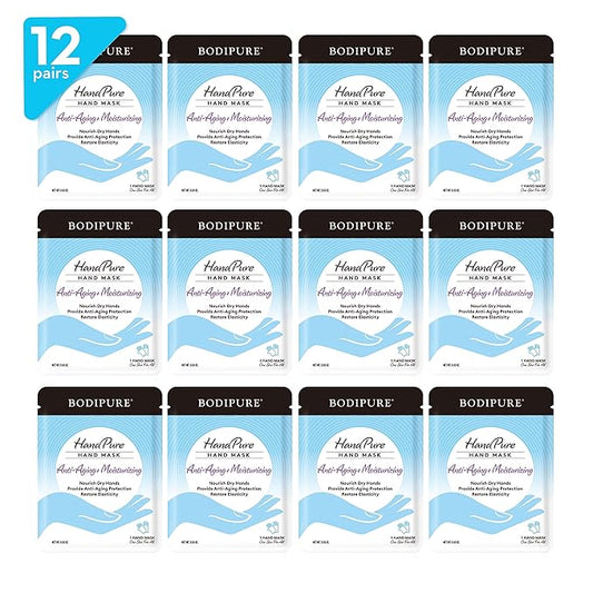 Bodipure HandPure Hand Repair & Anti-Aging Hand Mask – 20-Minute Moisturizing Gloves for Dry, Cracked Hands, Softens Cuticles, Paraben-Free, With Natural Botanical Ingredients (12 Packs)