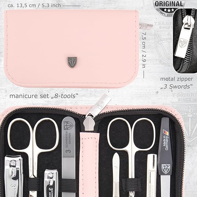 3 Swords Germany - brand quality 8 piece manicure pedicure grooming kit set synthetic leather case light pink - Made in Germany