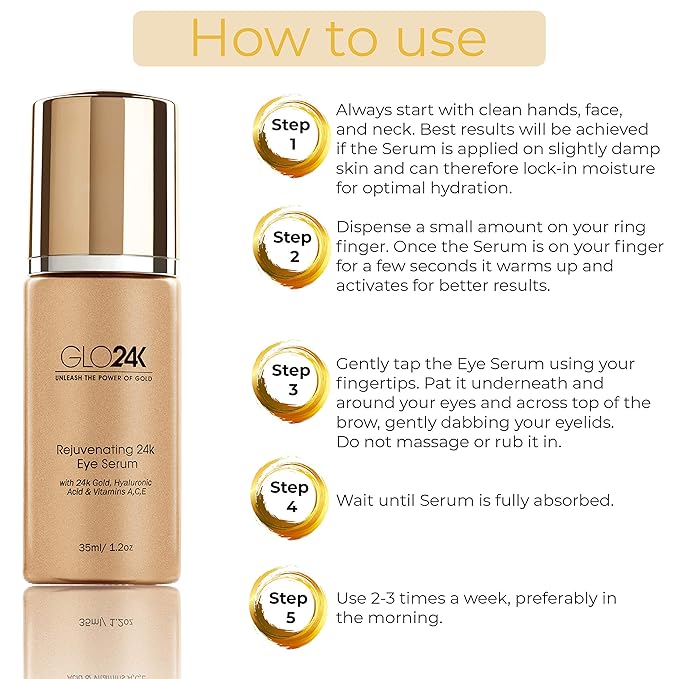 GLO24K UNLEASH THE POWER OF GOLD Complete Eye Care Set with our 24k Instant Facelift Cream, Eye Treatment Cream, and Eye Serum. Skin Serum Formulated to Treat the Delicate Skin around the Eyes