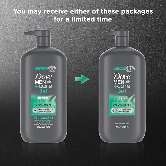 DOVE MEN + CARE Body and Face Wash Invigorating Revive 3N1 with Tea Tree Oil, with 24-Hour Nourishing Micromoisture Technology, 30 oz