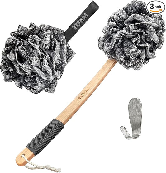Toem® Loofah Back Scrubber for Shower | Bamboo Charcoal Fiber Infused | Loufas for Men & Women | Includes 1 Long Handled Shower Sponge, 1 Bath & Shower Luffa Pouf & 1 Hook to Hang Stuff (Slate Grey)