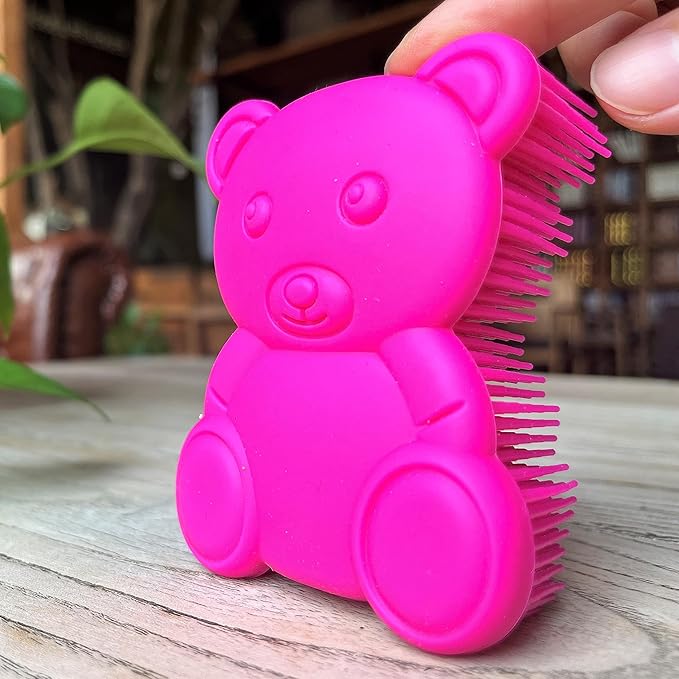 Premium Sensory Brush for Kids or Autism,Soft Silicone Body Scrubber,2 in 1 Sensory Room Occupational Therapy Sensory Brushes,Silicone Loofah,Pet Shower Brush Bath Brush Shampoo Brush(Bear-deep Pink)