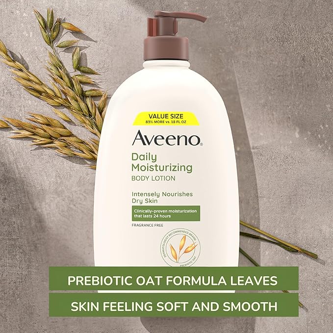 Aveeno Daily Moisturizing Body Lotion, Fragrance-Free Light & Creamy Lotion for Dry, Sensitive Skin With Prebiotic Oat Nourishes & Strengthens Skin's Moisture Barrier, Value Size, 33 fl oz
