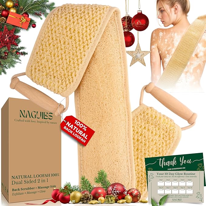 Christmas Gifts Premium 2 in 1 Egyptian 100% Natural loofah with Handle Back Scrubber for Shower and Massage exfoliating Body Scrubber for Women and Men Back Scratcher washers for Shower loofa