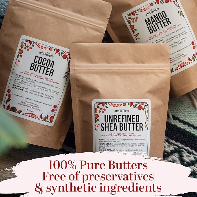 Better Shea Butter Set of Raw Shea Butter, Raw Mango Butter, Unrefined Cocoa Butter For Soap Making and DIY Body Butters, Lip Balms, Body Lotions - Each Butter is 16 oz Making 48 oz Total (3-Pack Set)
