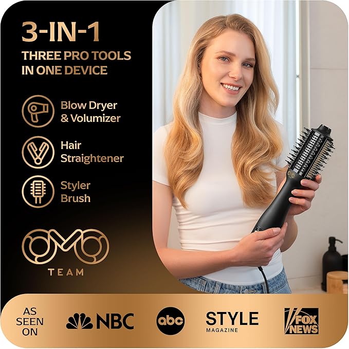 Blowout Brush Hair Dryer, 4-in-1 Blow Drying Brush, Authomatic Dual Voltage, Ionic Hair Straightener w/No Heat Damage, Light 1.3 lb Blowout Tool, Blow Dryer Curling Wand, Hot Air Styler for All Types