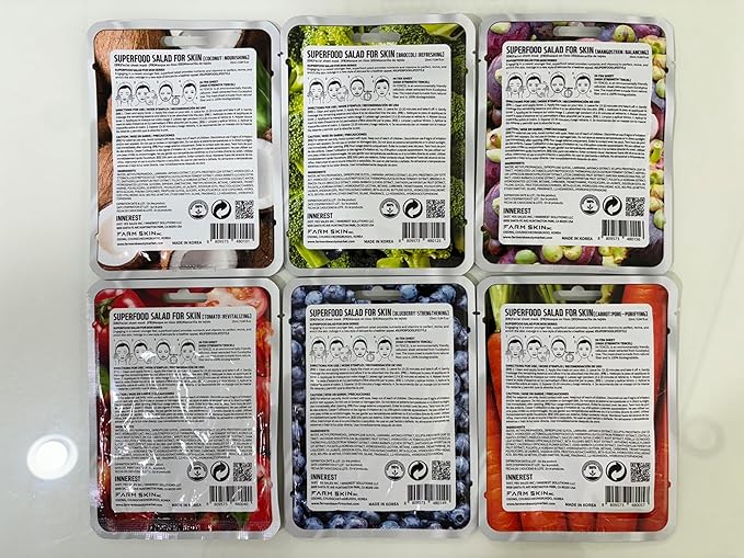 FARMSKIN Superfood Salad Sheet Mask Set of 6 | Korean Face Mask Sheets w/Mangosteen, Broccoli, Carrot, Coconut, Blueberry & Tomato | Refreshing, Nourishing & Cruelty-Free Face Mask Skincare Set