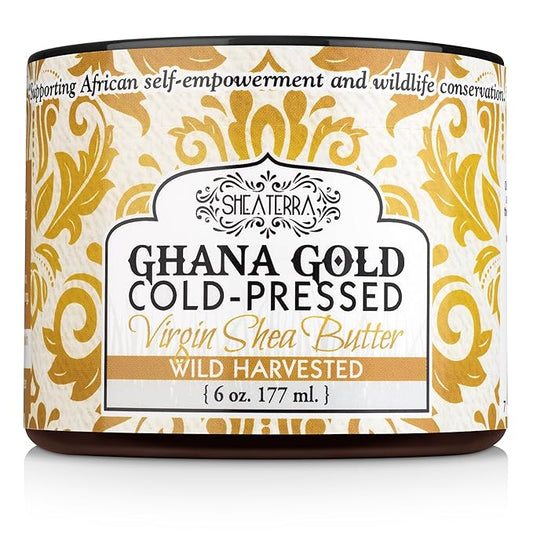 Shea Terra Organics Organic Cold-Pressed Virgin Shea Butter – Ghana Gold | Natural Skin Cream for Dry Skin, Itchy Skin, Stretch Marks, Psoriasis & Eczema – 6 oz (Wild Harvested)