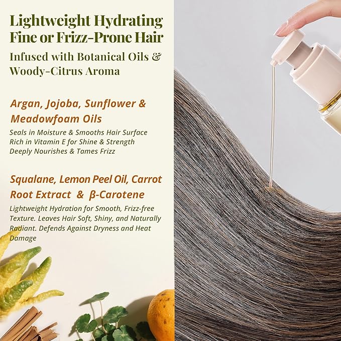 Leave-In Hair Oil – Lightweight Hydration with Jojoba & Argan Oils, Sandalwood & Bergamot Aroma, Smooth Shine & Frizz Control for Fine to Frizz-Prone Hair, 3.4 fl oz / 100 ml