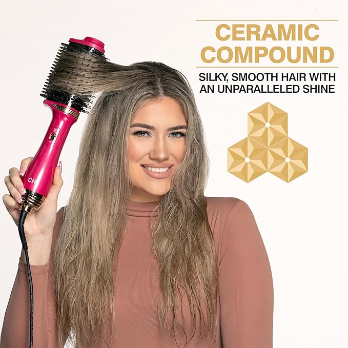 CHI Volume Styler, Blowout Brush for Amplified Volume, Heated Comb to Smoothen & Straighten Hair, 2-in-1 Hair Tool, Pink