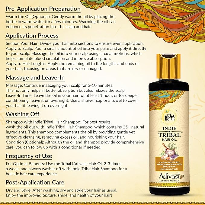 The Indie Earth Indie Tribal Adivasi Hair Oil Based on Hakki Pikki Tribe’s Hair Care Formula with 50+ potent ingredients including Moringa, Bhringraj, Hibiscus, Heena, Blackseed & Rosemary Oil