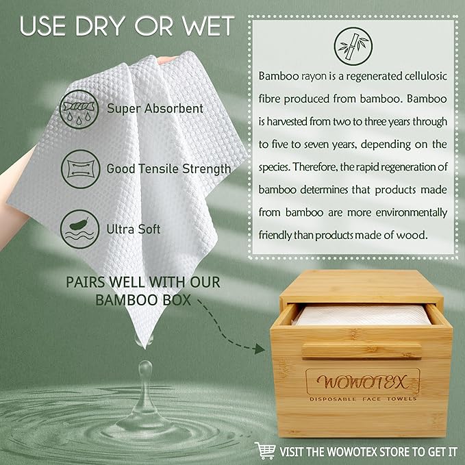 Bamboo Viscose Disposable Face Towel Biodegradable Large Dry Face Wipes 60 Count Extra Thick Soft Clean Facial Towels for Sensitive Skin, Makeup Removing, Facial Cleansing, Nursing, Travel