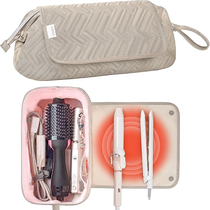 Leudes Hair Tools Travel Bag for Women Heat Resistant Mat for Travel Essentials Hot Tools Straighteners,Flat Irons,Curling Iron,Hot Air Brushes and Hair Dryer Organizer Bags 2 in 1 (Camel)