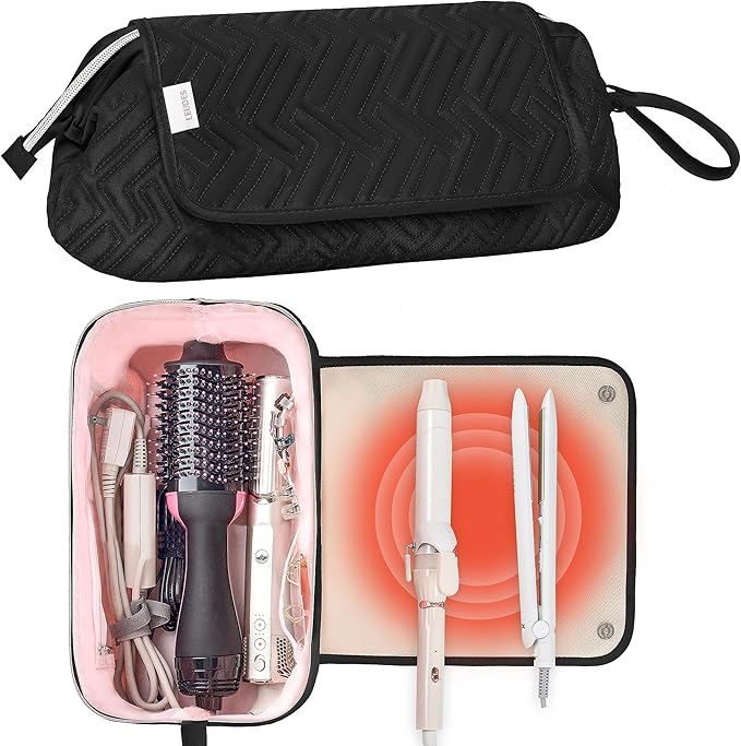Leudes Hair Tools Travel Bag for Women Heat Resistant Mat for Travel Essentials Hot Tools Straighteners,Flat Irons,Curling Iron,Hot Air Brushes and Hair Dryer Organizer Bags 2 in 1(Black)