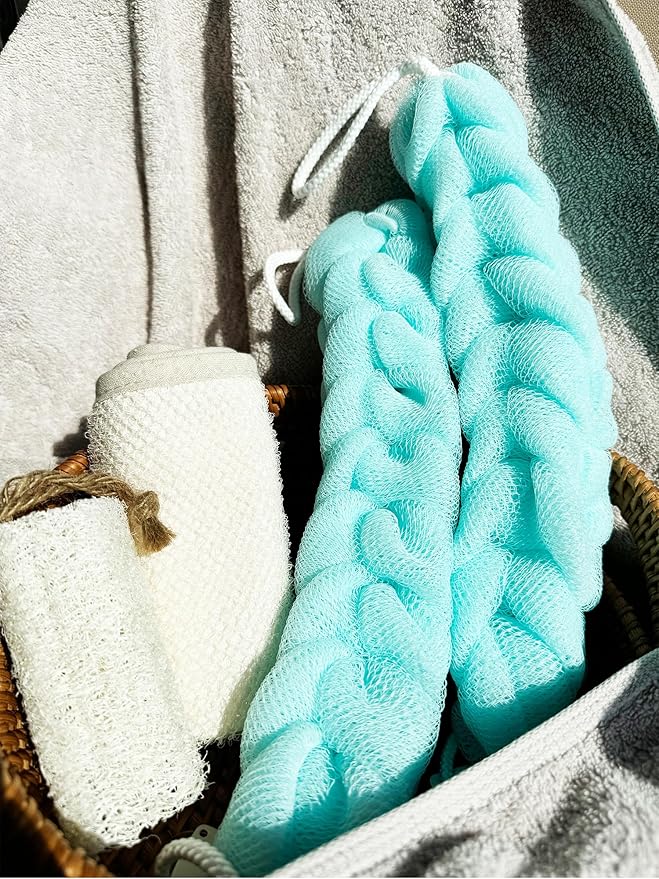 Long Stretch Back Sponge with Rope Handles Back Scrubber Bath Shower Mesh Sponge Exfoliating Body Scrub Stretch Braided Loofah for Men and Women(2-Pack,Green)