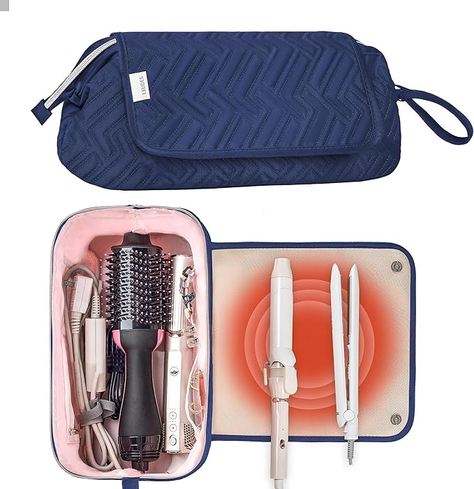 Leudes Hair Tools Travel Bag for Women Heat Resistant Mat for Travel Essentials Hot Tools Straighteners,Flat Irons,Curling Iron,Hot Air Brushes and Hair Dryer Organizer Bags 2 in 1 (Navy Blue)