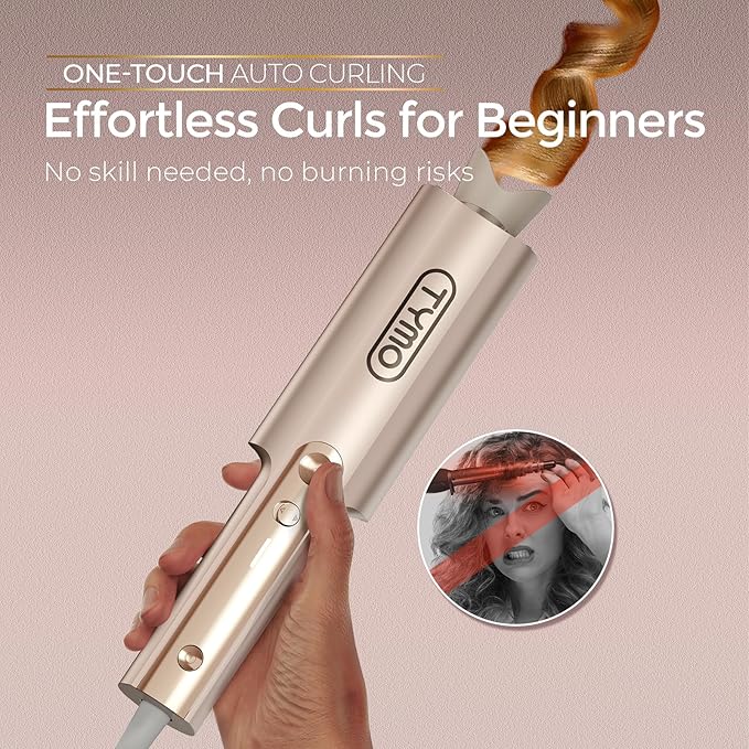 Upgraded Automatic Rotating Curling Iron - TYMO CurlPro Plus Long Barrel Curling Wand for Long Hair, Ceramic Hair Curler for Women, Anti-Scald, Tangle-Free, 600M Ionic, Dual Voltage, Gold, 1 1/4 Inch