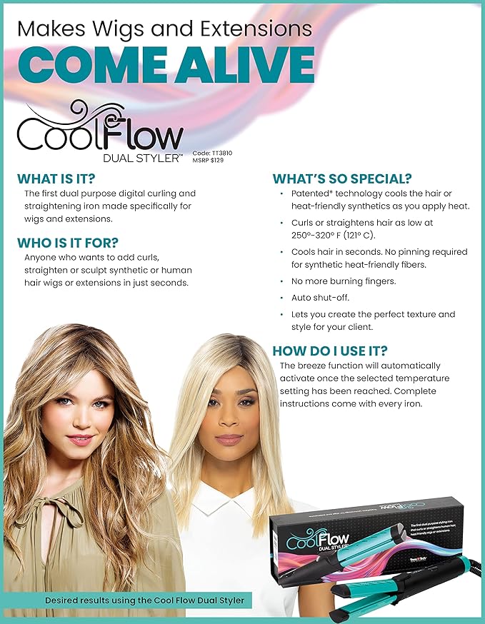 TressTech Cool Flow Dual Styler 2-in-1 Curling & Straightening Iron, Curls or Straightens Human Hair, Heat Friendly Wigs or Extensions, Patented Cooling Technology Adjustable Temp