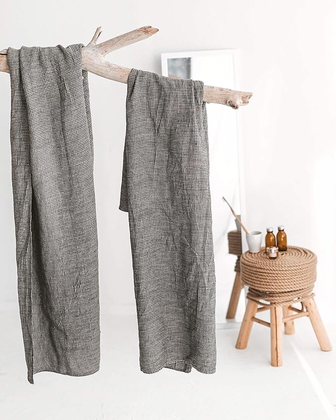 Linen Waffle Towels for Bathroom - 4-Piece 100% Linen Towel Set - 2 Bath and 2 Hand Towels - Black-Natural Thin Pre-Washed Lightweight Quick-Dry Absorbent - Made from European Natural Pure Flax