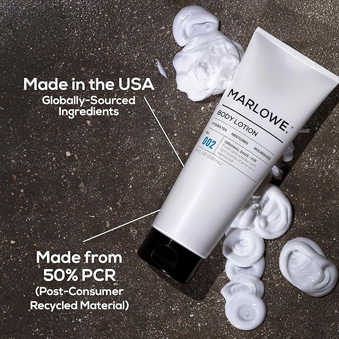 MARLOWE. No. 002 Men’s Body Lotion, Hydrating Aloe Vera Moisturizer for Dry Skin, Lightweight & Non-Oily Formula with Sage & Fir Scent, Holiday Gift, Stocking Stuffer for Men, 8 fl oz