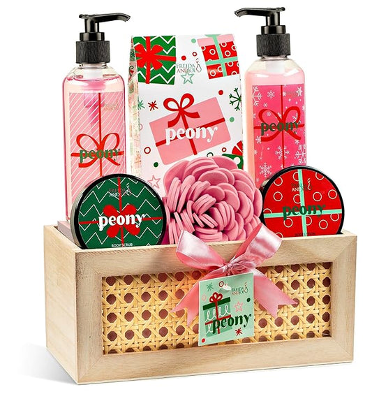 Freida & Joe Peony Spa Gift Set Bath & Body Gift Basket for Women & Men | Shower Gel, Body Lotion, Body Scrub, Bath Salt | Relaxing Self Care Gift