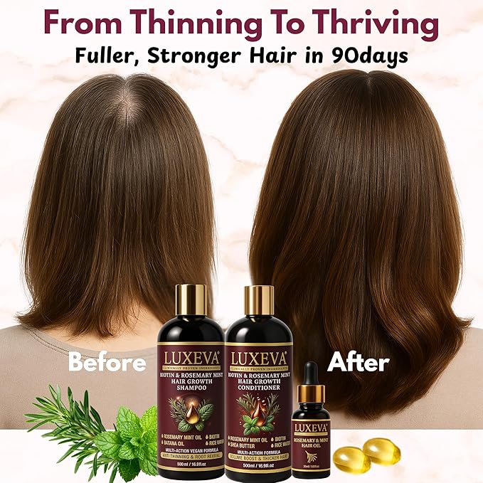 3 in 1 Biotin & Rosemary Mint Shampoo & Conditioner Set For Women | Professional Botanical Hair Growth Shampoo and Conditioner For Thinning Hair, Scalp Health & Natural Volume | 16oz Each