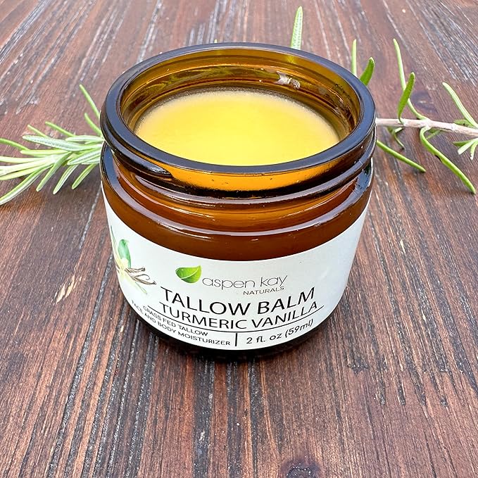 Aspen Kay Naturals Handmade 100% Grass Fed Beef Tallow Balm for Skin Care, Organic Turmeric Moisturizer + Vitamin C (Turmeric Vanilla) Organic Body Butter - 2 fl. oz. Made in USA