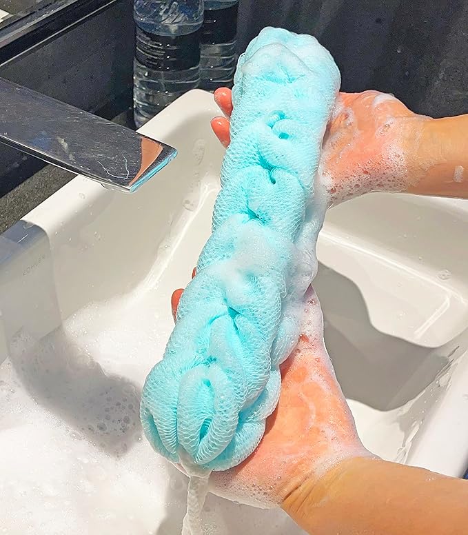 Long Stretch Back Sponge with Rope Handles Back Scrubber Bath Shower Mesh Sponge Exfoliating Body Scrub Stretch Braided Loofah for Men and Women(2-Pack,Green)