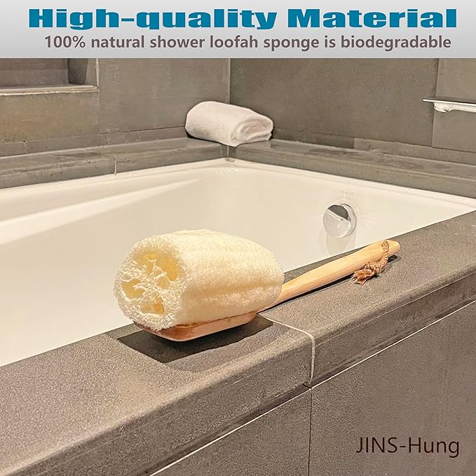 Natural Loofah Exfoliating Bath Brush - Body luffa loofa Sponge On a Stick - Sponge Scrubber with Long Wooden Handle Back Brush for Men & Women - Bath Spa Shower （1 Pack）