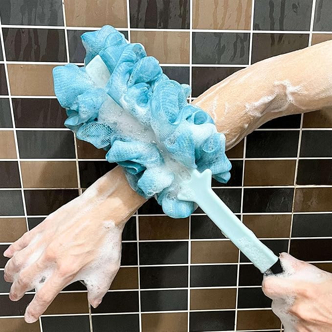 2 Pack Back Scrubber for Shower, Anti Slip Long Handle Bath Body Brush, Loofah with Handle, Back Scrub Brush, Soft Mesh Loofah Sponge Shower Brush for Women, Men, Elderly (2 Pack= Blue)