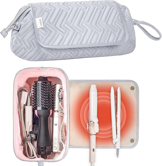 Leudes Hair Tools Travel Bag for Women Heat Resistant Mat for Travel Essentials Hot Tools Straighteners,Flat Irons,Curling Iron,Hot Air Brushes and Hair Dryer Organizer Bags 2 in 1 (Light Grey)