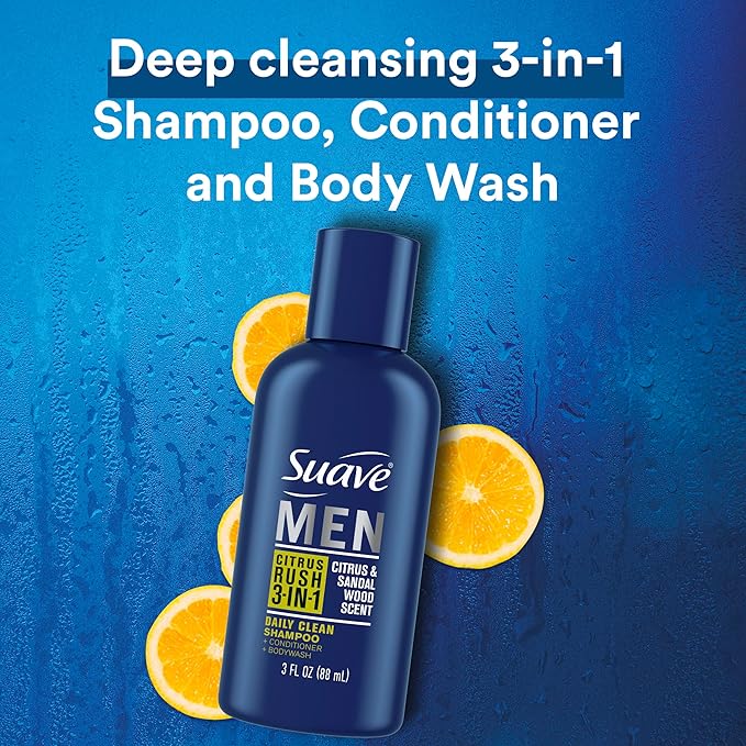 Suave Men Body Wash 3-in-1 Citrus Rush – Travel-Size Shampoo, Conditioner & Body Soap All-in-One Formula with Keratin for Healthy Hair & Skin, 3 Oz Ea (Pack of 3)