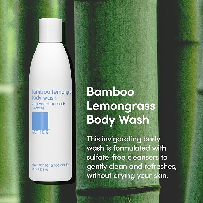 LATHER - Bamboo Lemongrass Natural Body Wash, 8 fl oz - Shower Gel Cleanser - Body Soap - Essential Oils - Green Tea, Aloe Vera, Jasmine - All Skin Types, Vegan, Cruelty Free - Beauty & Skincare