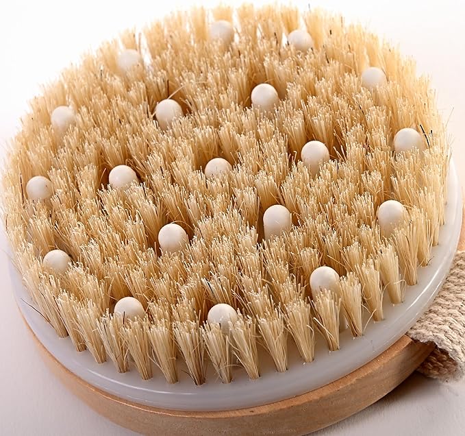 Large Dry Brushing Body Brush - Natural Boar Bristle Brush for Lymphatic Drainage, Cellulite, Blood Circulation - Skin Massage Nodes for Detox, Flawless Skin, Exfoliating Body Scrubber