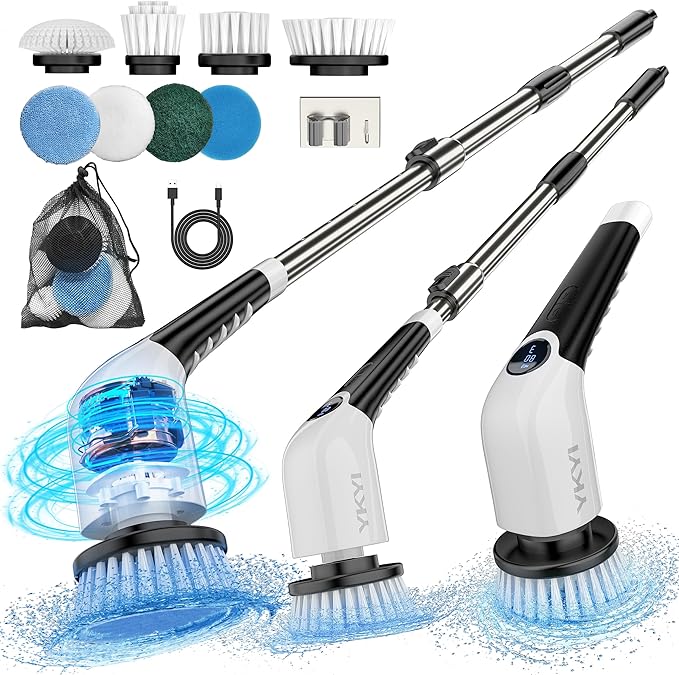 YKYI Electric Spin Scrubber,Cordless Cleaning Brush,Shower Cleaning Brush with 8 Replaceable Brush Heads,Power Scrubber 3 Adjustable Speeds,Adjustable & Detachable Long Handle,Voice Broadcast