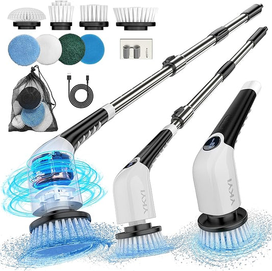 YKYI Electric Spin Scrubber,Cordless Cleaning Brush,Shower Cleaning Brush with 8 Replaceable Brush Heads,Power Scrubber 3 Adjustable Speeds,Adjustable & Detachable Long Handle,Voice Broadcast