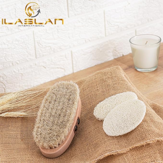 Dry Brushing Body Brush, Natural Horse Hair Exfoliating and Cleansing | Dry Skin Brushing with 2 Natural Loofah Facial Peeling Pads | Soft Bristles for Gentle Body Scrubbing and Skin Care